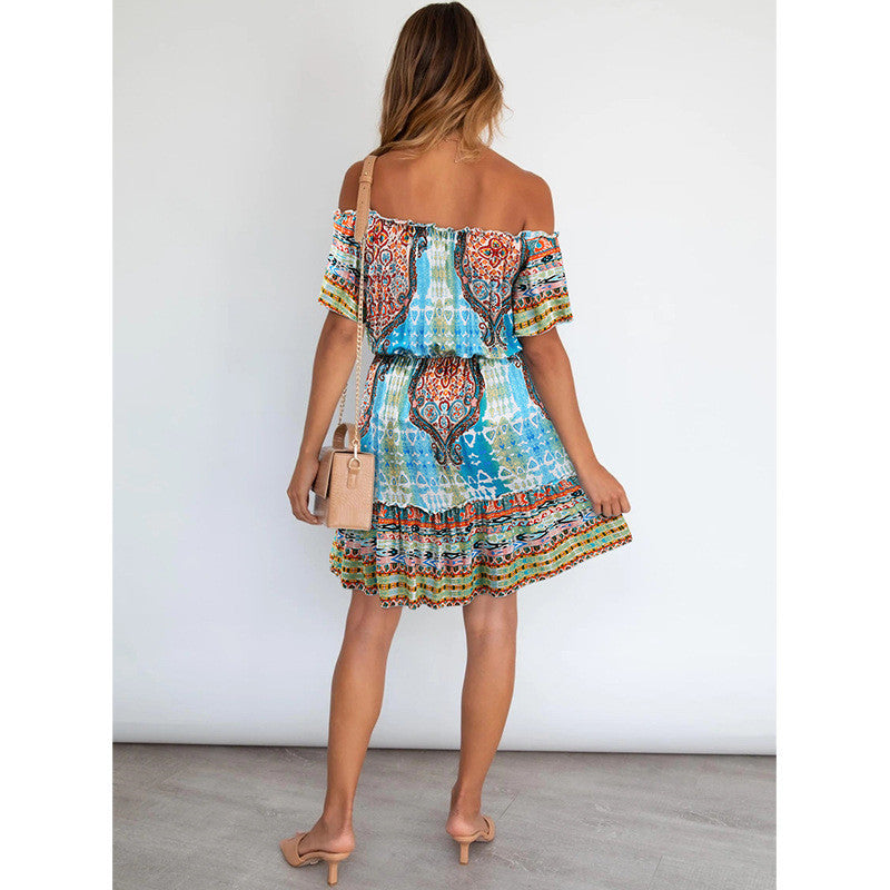 Women's Bohemian Printed Off-Shoulder Dress | Short Sleeve Fashion - Antoniette Apparel