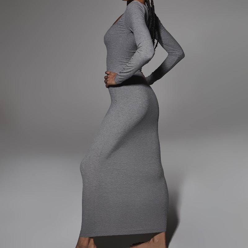 Women's Solid Color Long Sleeve Square Neck Slim Dress - Antoniette Apparel