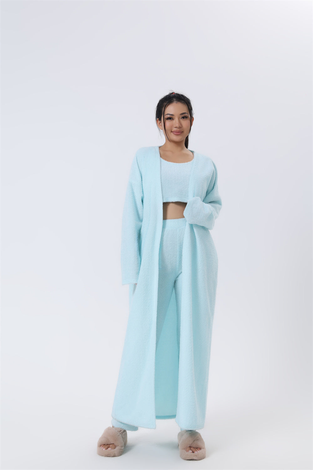Soft and Fluffy 3-Piece Lounge Set: Crop Top, Pants, and Long Cardigan - Antoniette Apparel