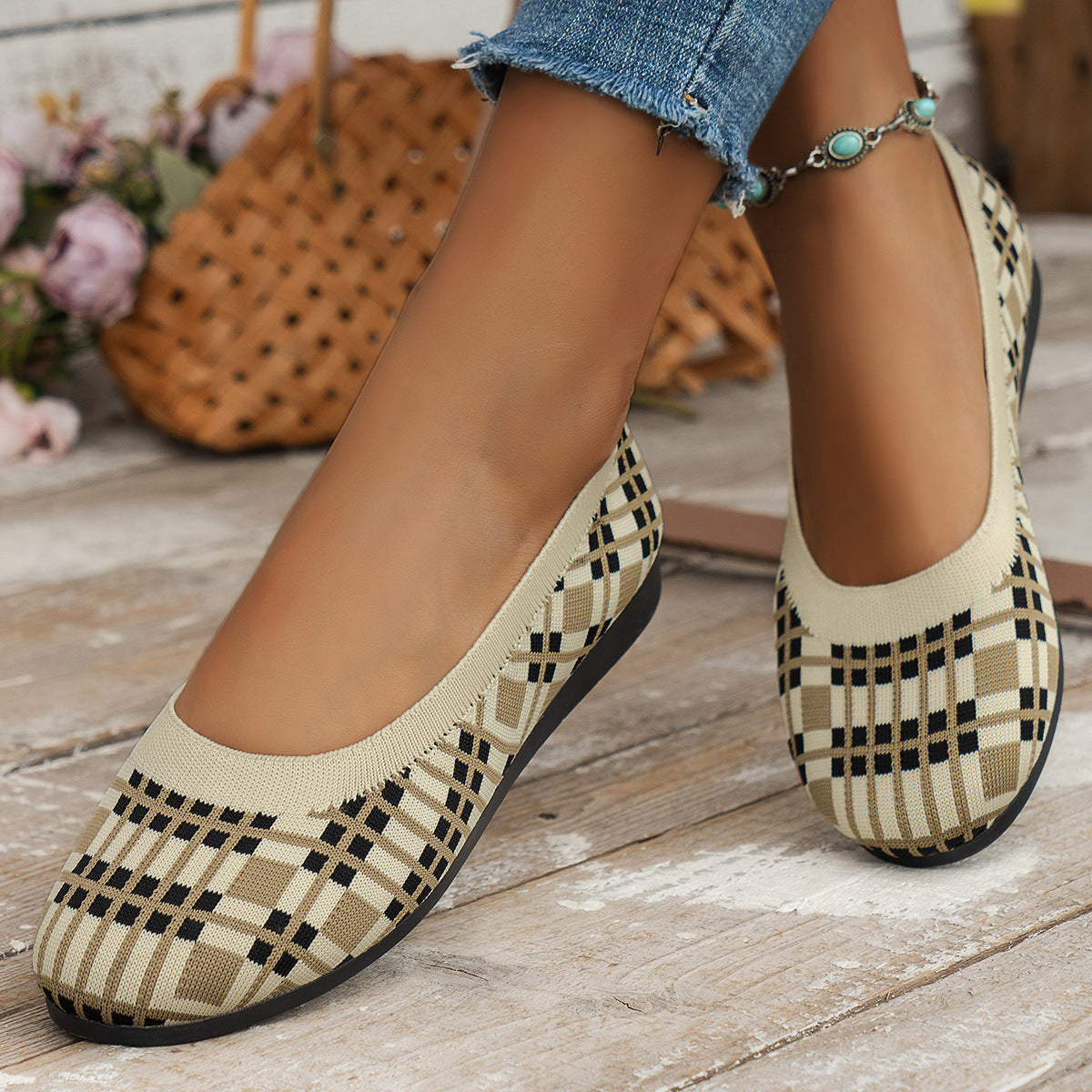Trendy Plaid Mesh Slip-On Flats: Fashionable Comfort - Antoniette Apparel