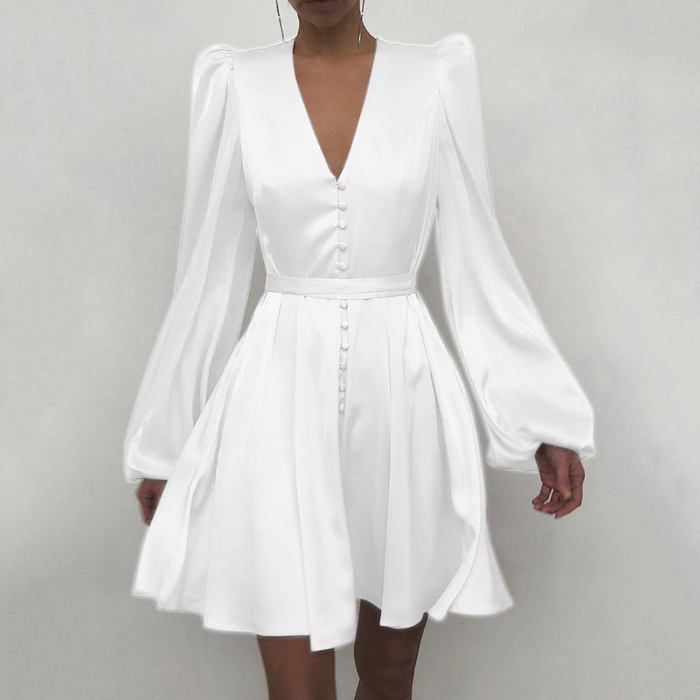 "Sophisticated Satin: V-Neck Slim Fit Spring Dress" - Antoniette Apparel