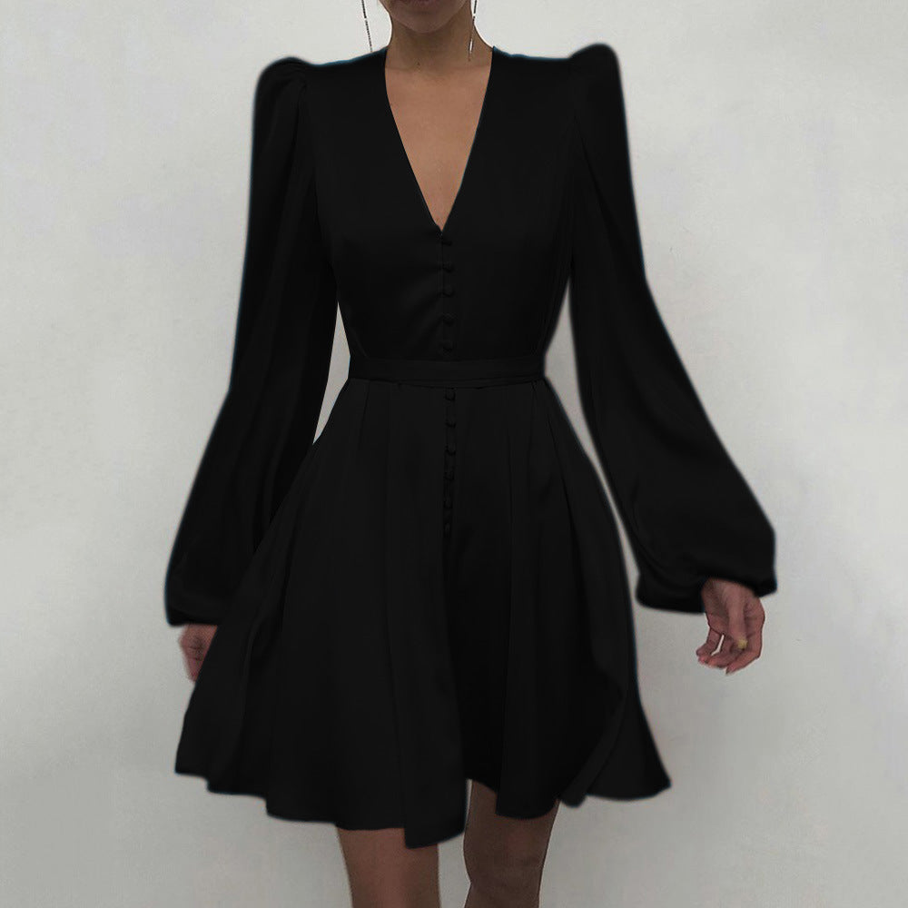 "Sophisticated Satin: V-Neck Slim Fit Spring Dress" - Antoniette Apparel