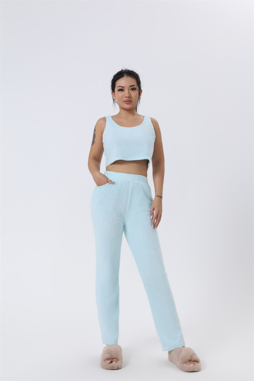 Soft and Fluffy 3-Piece Lounge Set: Crop Top, Pants, and Long Cardigan - Antoniette Apparel