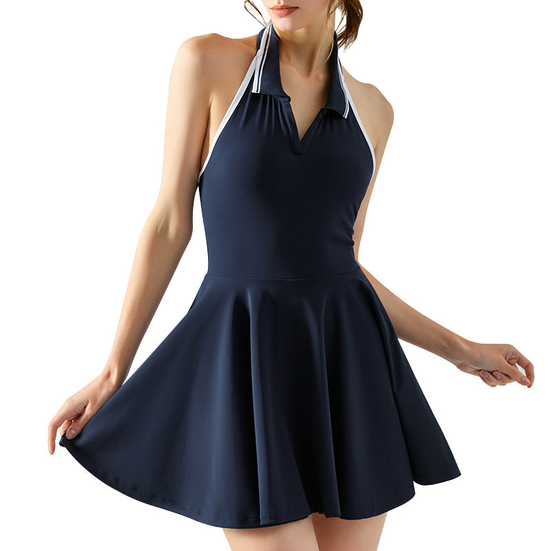 Hanging Neck Sports Dress for Women | Contrasting Lapel | Built-in Chest Pads - Antoniette Apparel
