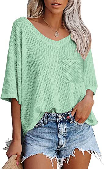 V-neck Shirts Women Summer Short Sleeve Green Tops With Patched Pocket - Antoniette Apparel