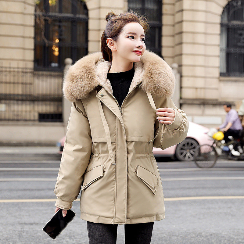 New Fleece-lined Mid-length Coat with Big Fur Collar | Thicken Cotton Clothes - Antoniette Apparel