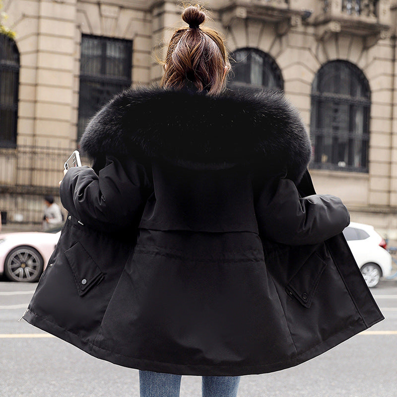 New Fleece-lined Mid-length Coat with Big Fur Collar | Thicken Cotton Clothes - Antoniette Apparel