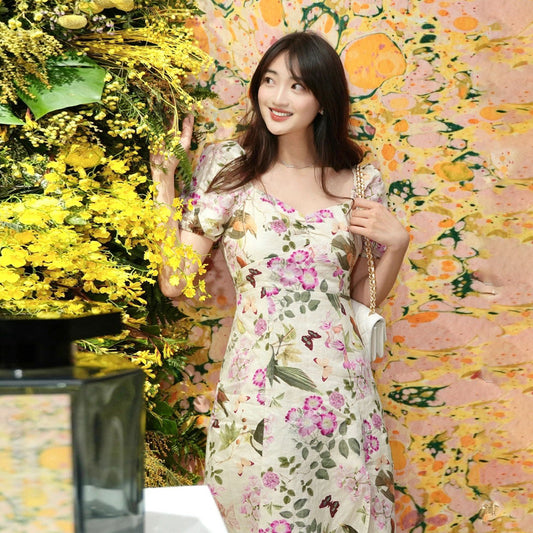 Spring & Summer Floral Linen Tea Dress - Elegant Puff Sleeves, Mid-Length - Antoniette Apparel