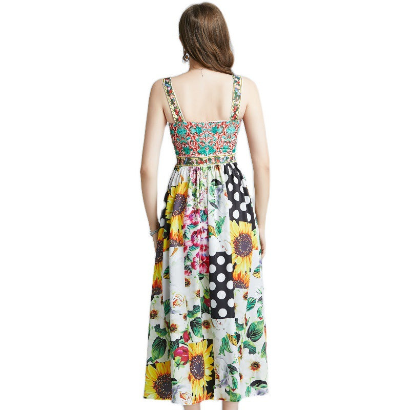 Retro Sunflower Polka Dot Print Suspender Dress - Antoniette Apparel
