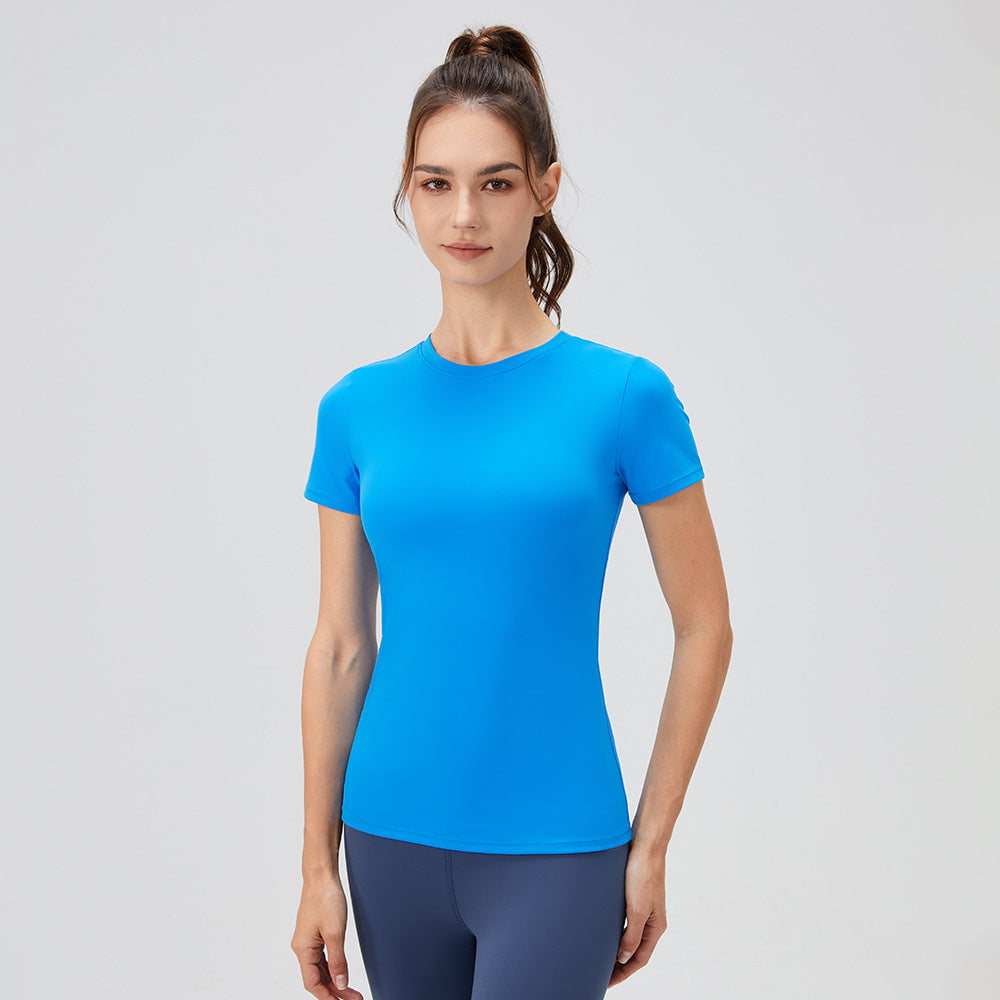 Quick-Drying Yoga T-shirt - Solid Color Short Sleeve Round Neck Workout Top for Women" - Antoniette Apparel