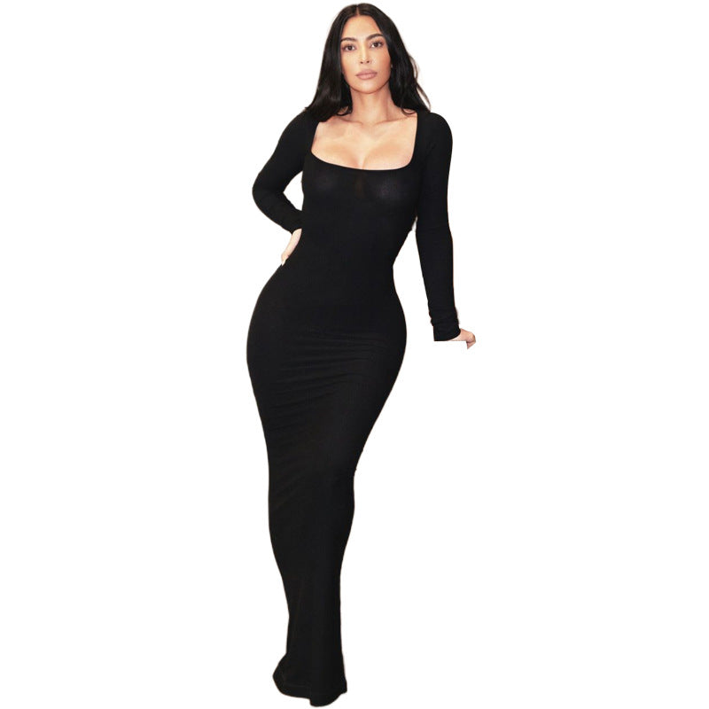 Women's Solid Color Long Sleeve Square Neck Slim Dress - Antoniette Apparel