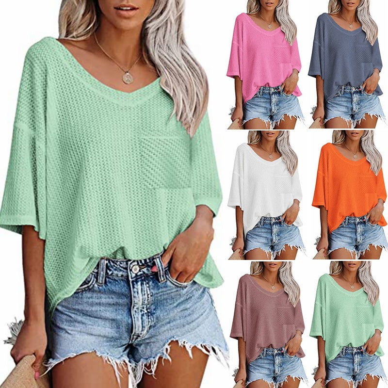 V-neck Shirts Women Summer Short Sleeve Green Tops With Patched Pocket - Antoniette Apparel